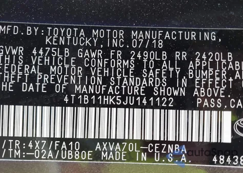2018 Toyota Camry Le из США, поврежденный, VIN 4T1B11HK5JU141122